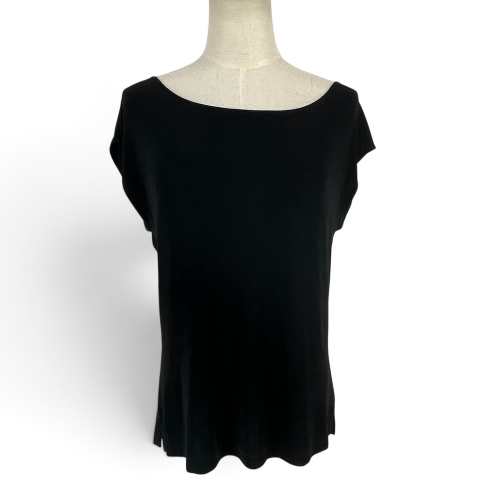 Chicos Travelers Black Slinky Knit Boat Neck Sleeveless Top Blouse Sz 1 M 8